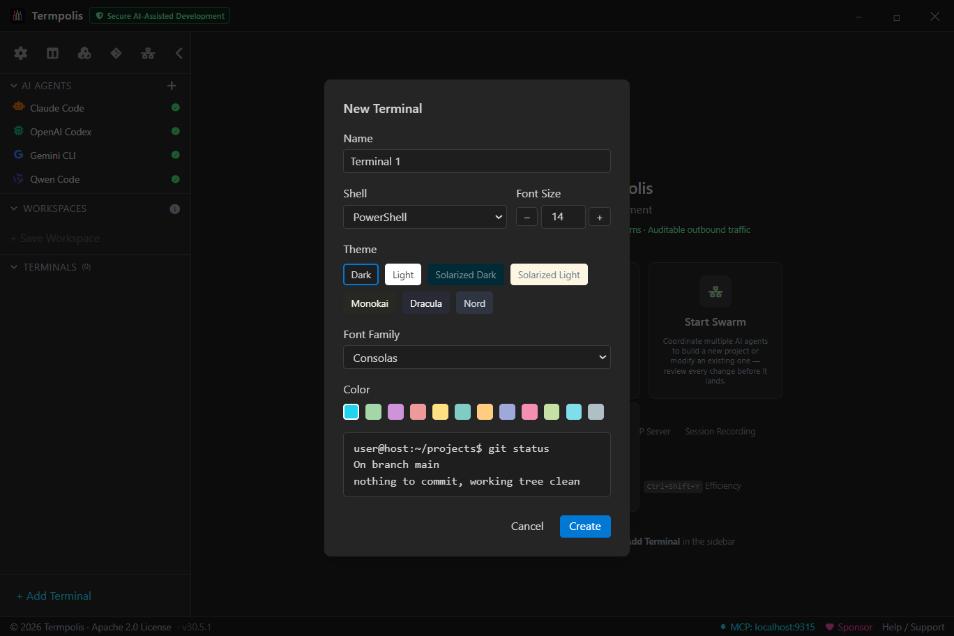 Termpolis new terminal modal with themes, font size, and preview.