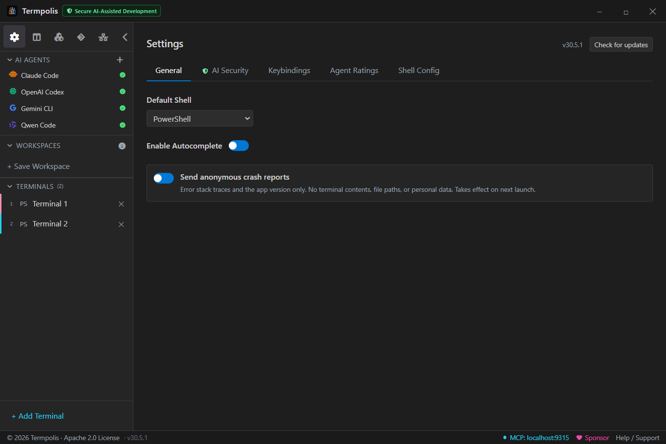 Termpolis settings with keybindings.