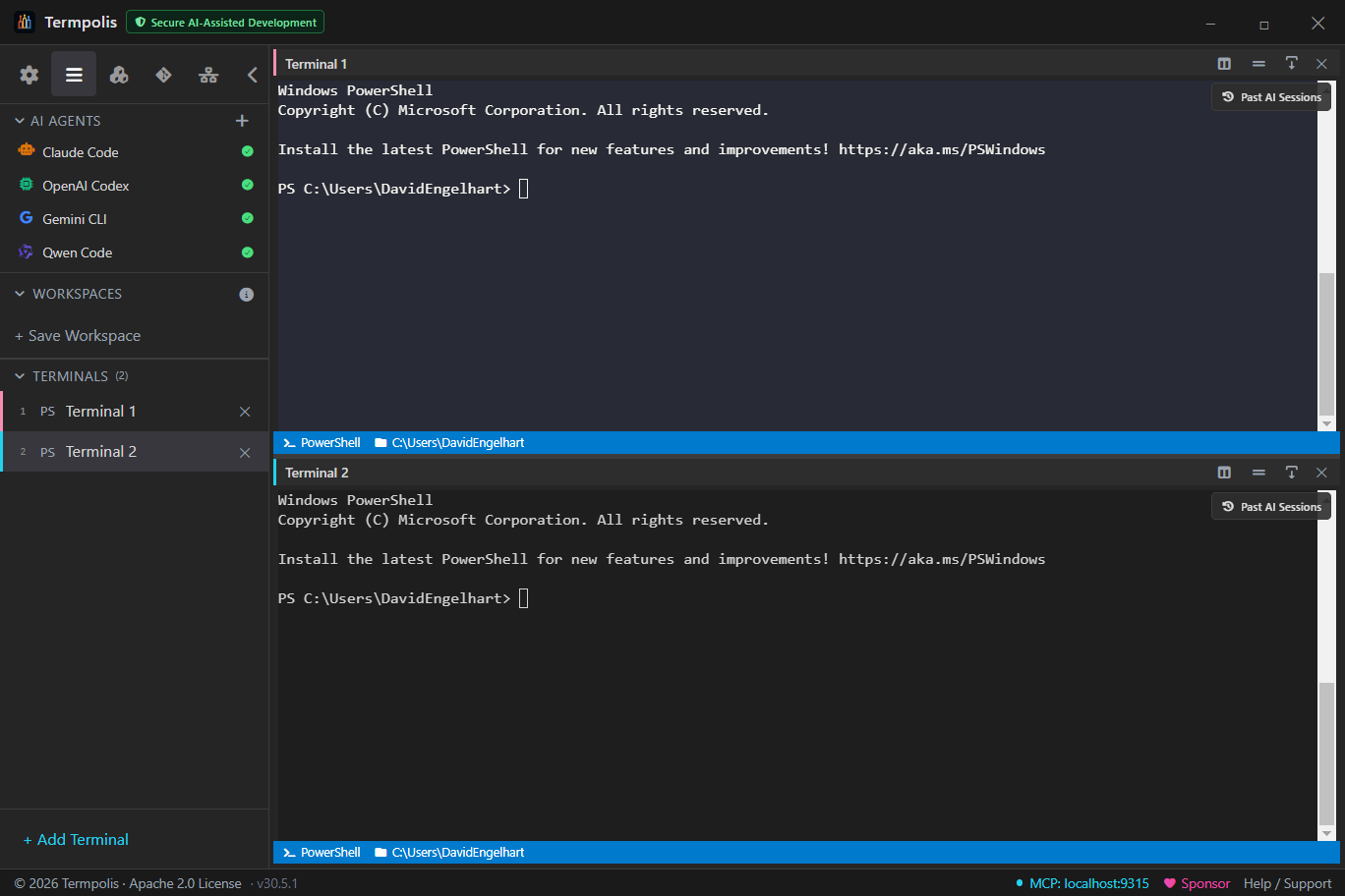 Termpolis split view with Git Bash and PowerShell side by side.