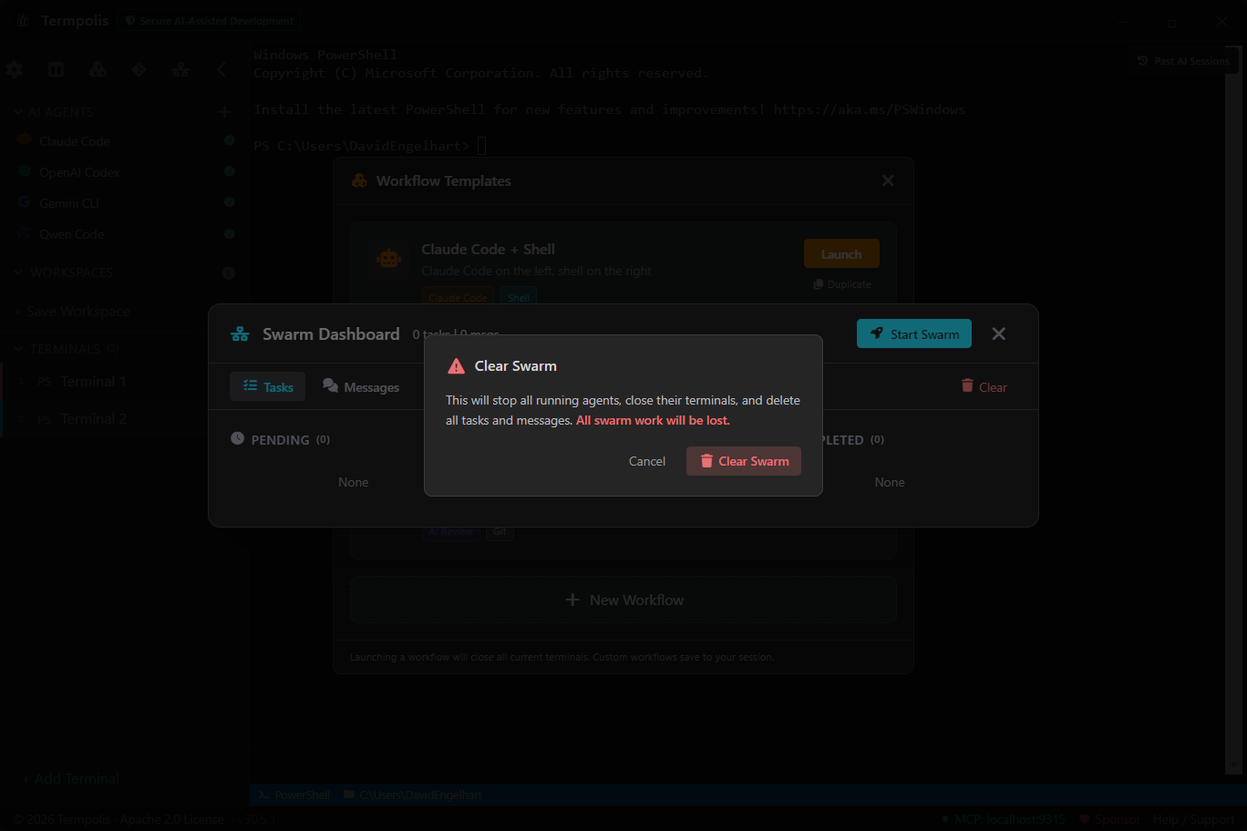 Termpolis swarm dashboard with agents, tasks, and messages tabs.