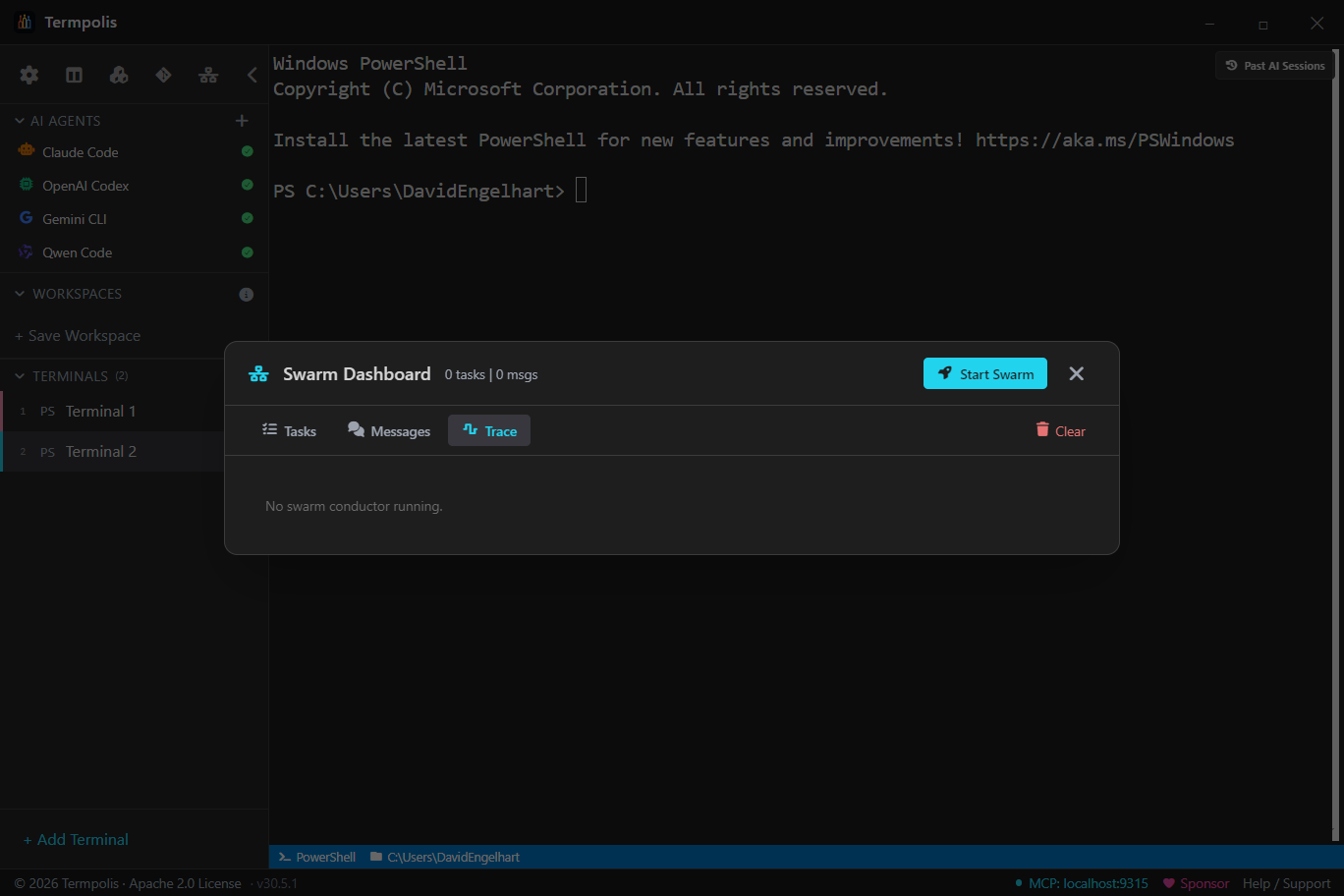 Termpolis swarm conductor Trace tab — the conductor's event timeline: plan, delegate, watch, merge.
