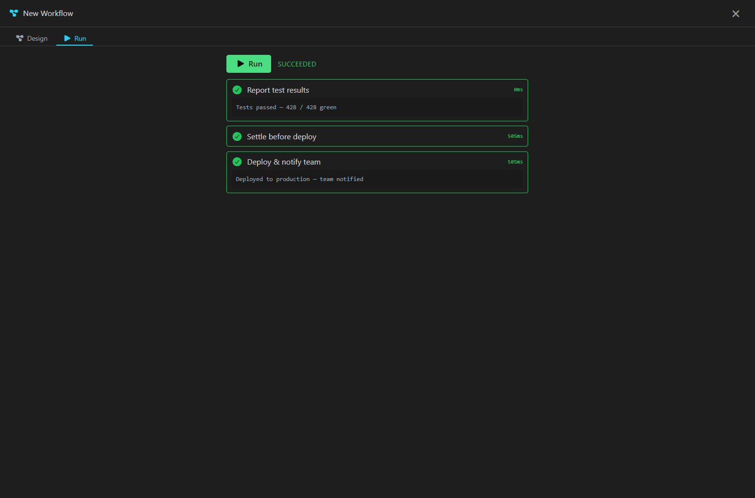 Termpolis Workflow Orchestrator run view — a live timeline of steps going green with elapsed times and streamed output.