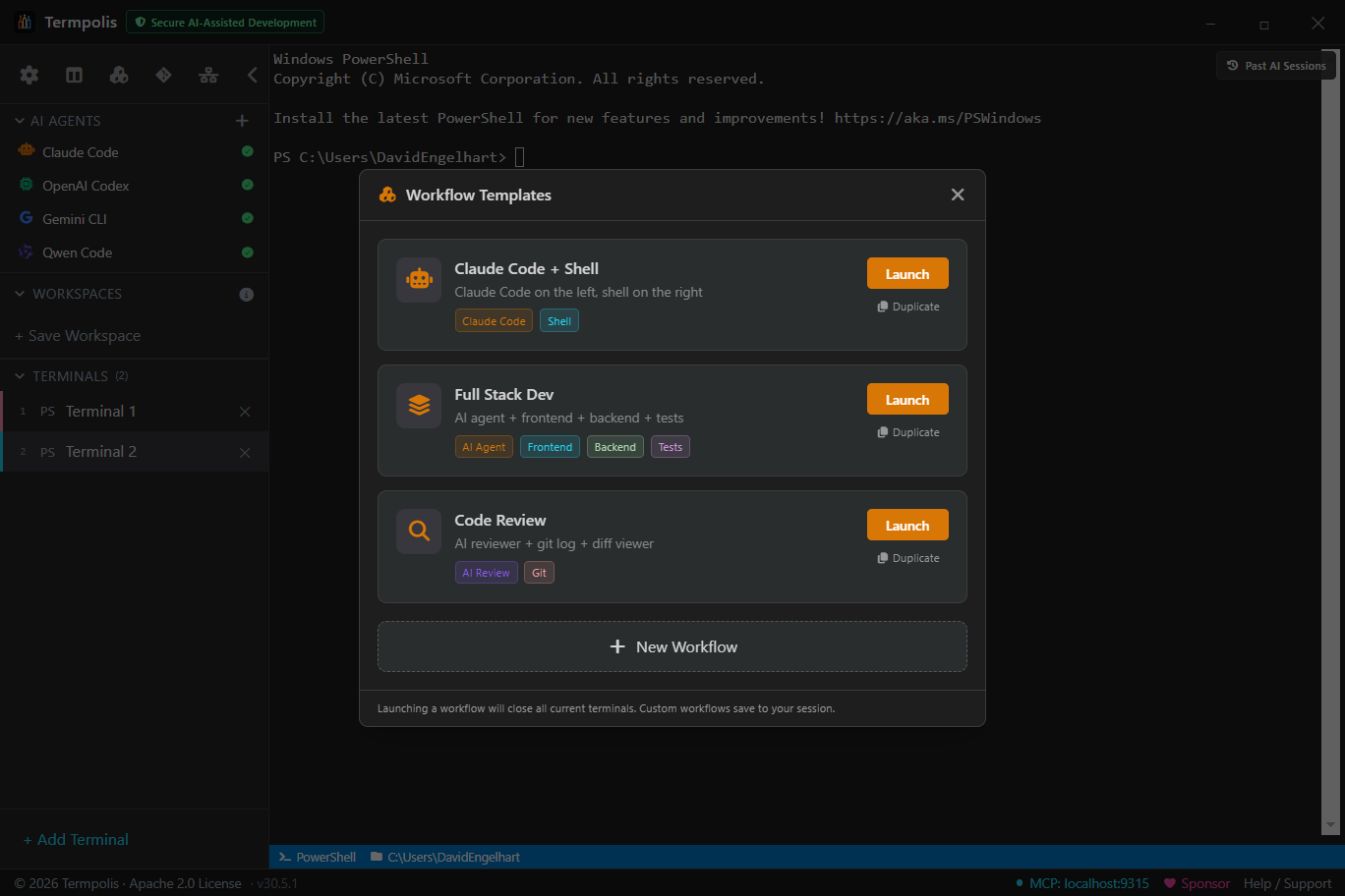 Workflow templates panel.